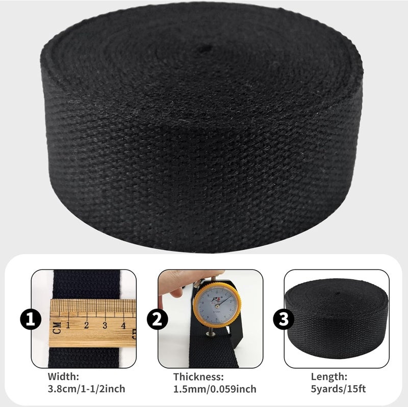 Evora 1.5 inch Cotton Webbing Braid Handles Bag Strap 15ft High Density Webbing Plain Weave Straps for Cloth Tote Bag, Pet Collars, DIY Projects, Crafts, Outdoor Accessories (Black 5103) - Image 3